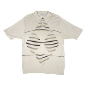 Vintage INSERCH Knit Polo Shirt Mens L Cream Geometric Pattern 90s Retro